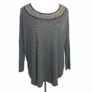 Free People Striped Beaded Neckline Top